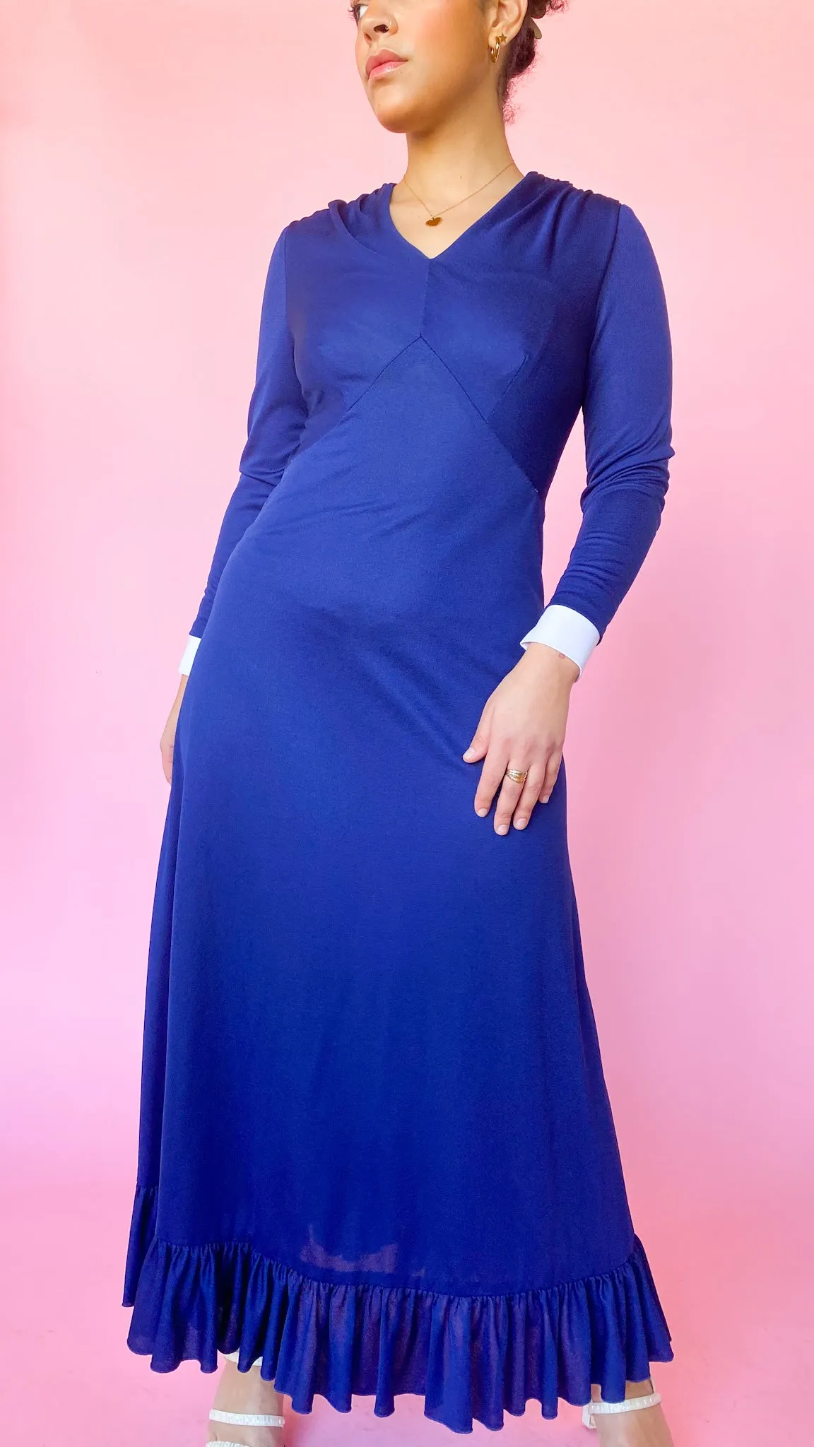 1970s Navy Blue Maxi Dress, sz. L