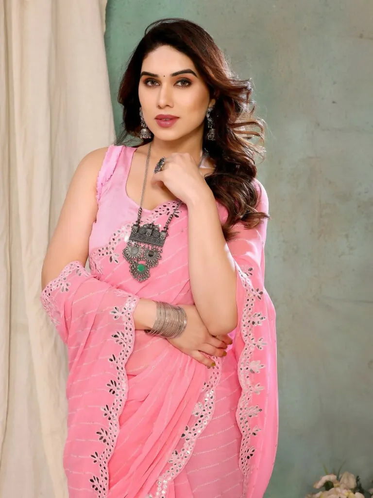 Aafreen Partywear Designer Pink Georgette Fancy Saree