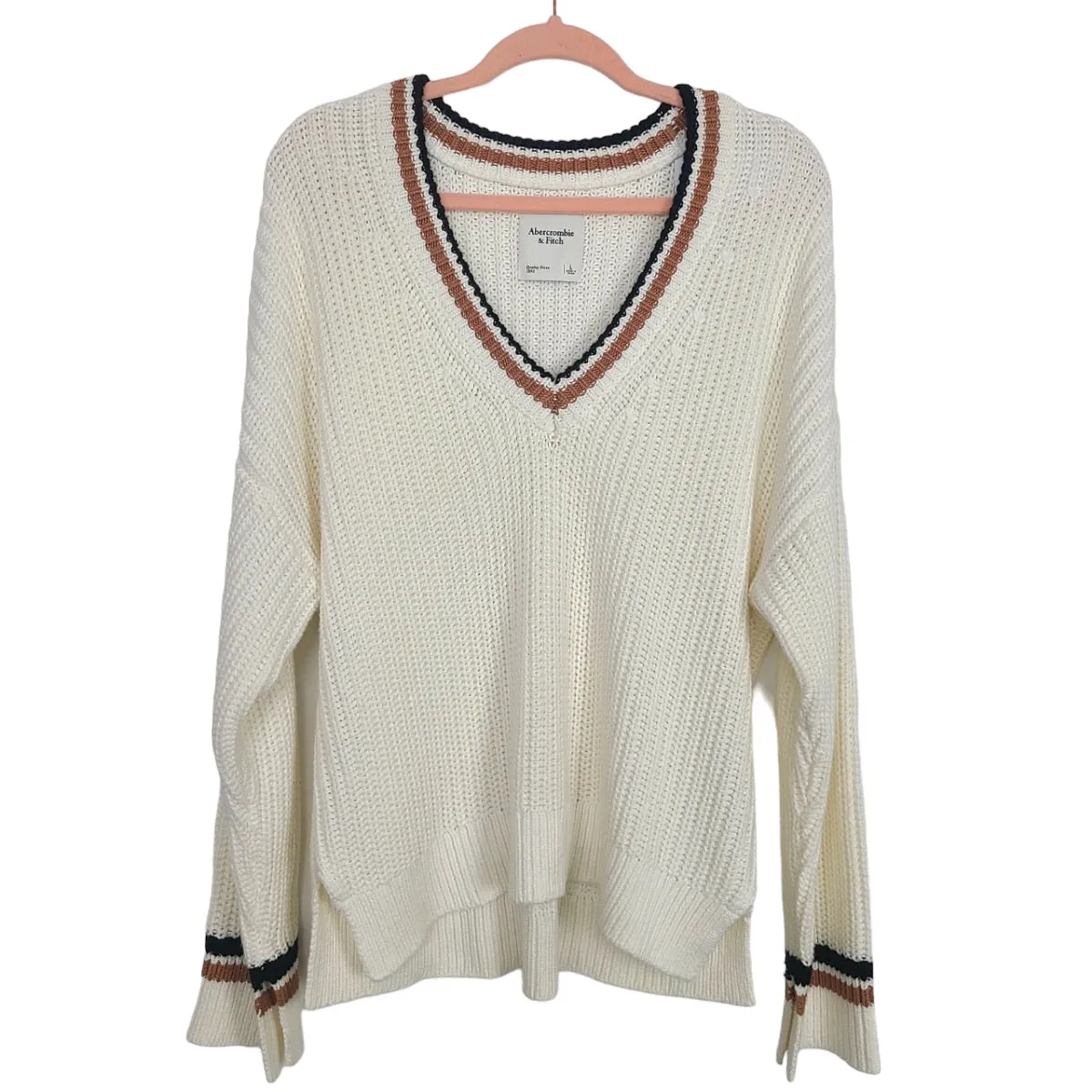 Abercrombie & Fitch Ivory with Black/Caramel Stripes Detail V-Neck Sweater NWT- Size L