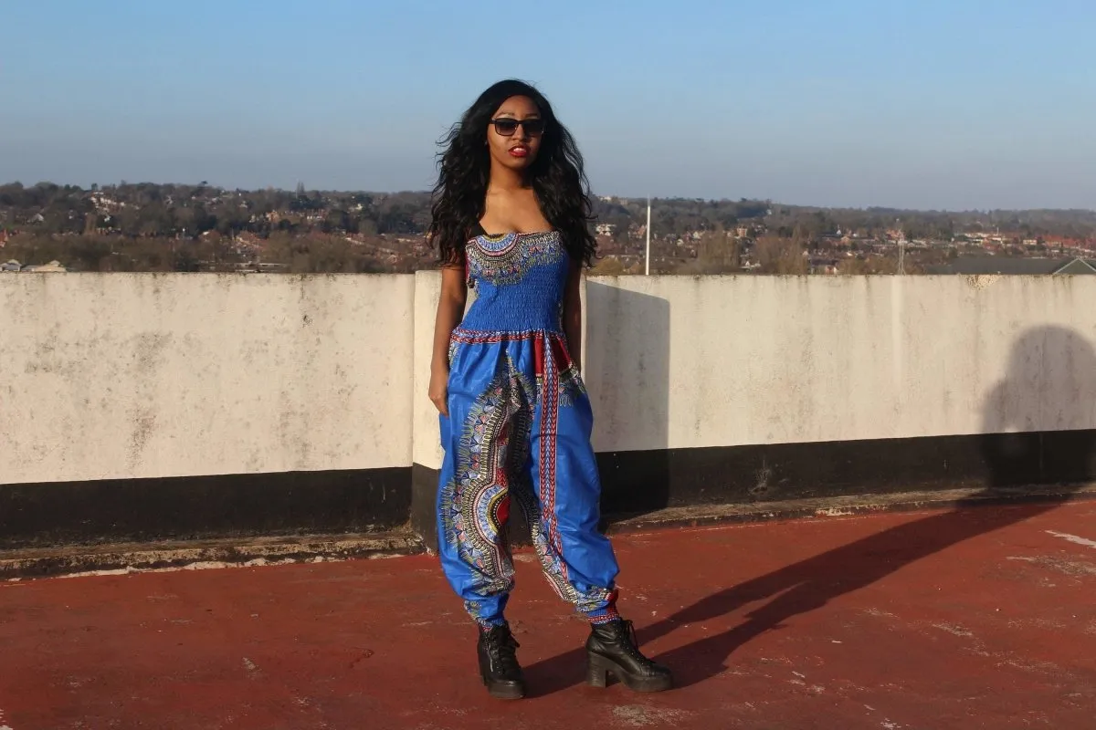 African Jumpsuit in Blue Dashiki Print