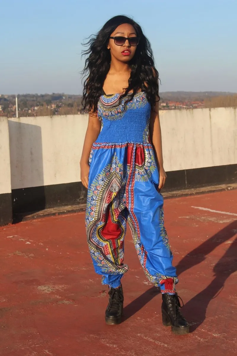 African Jumpsuit in Blue Dashiki Print