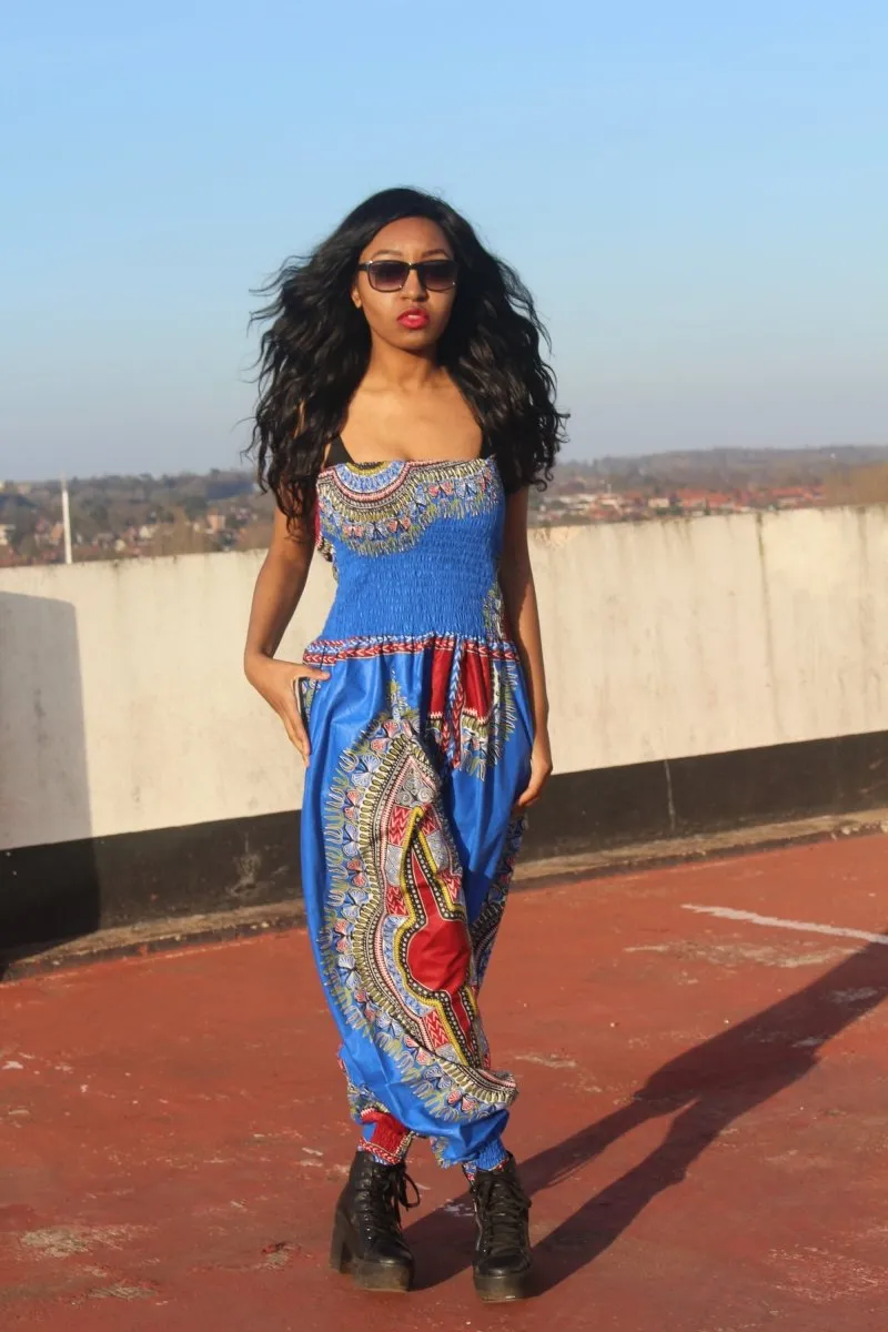 African Jumpsuit in Blue Dashiki Print