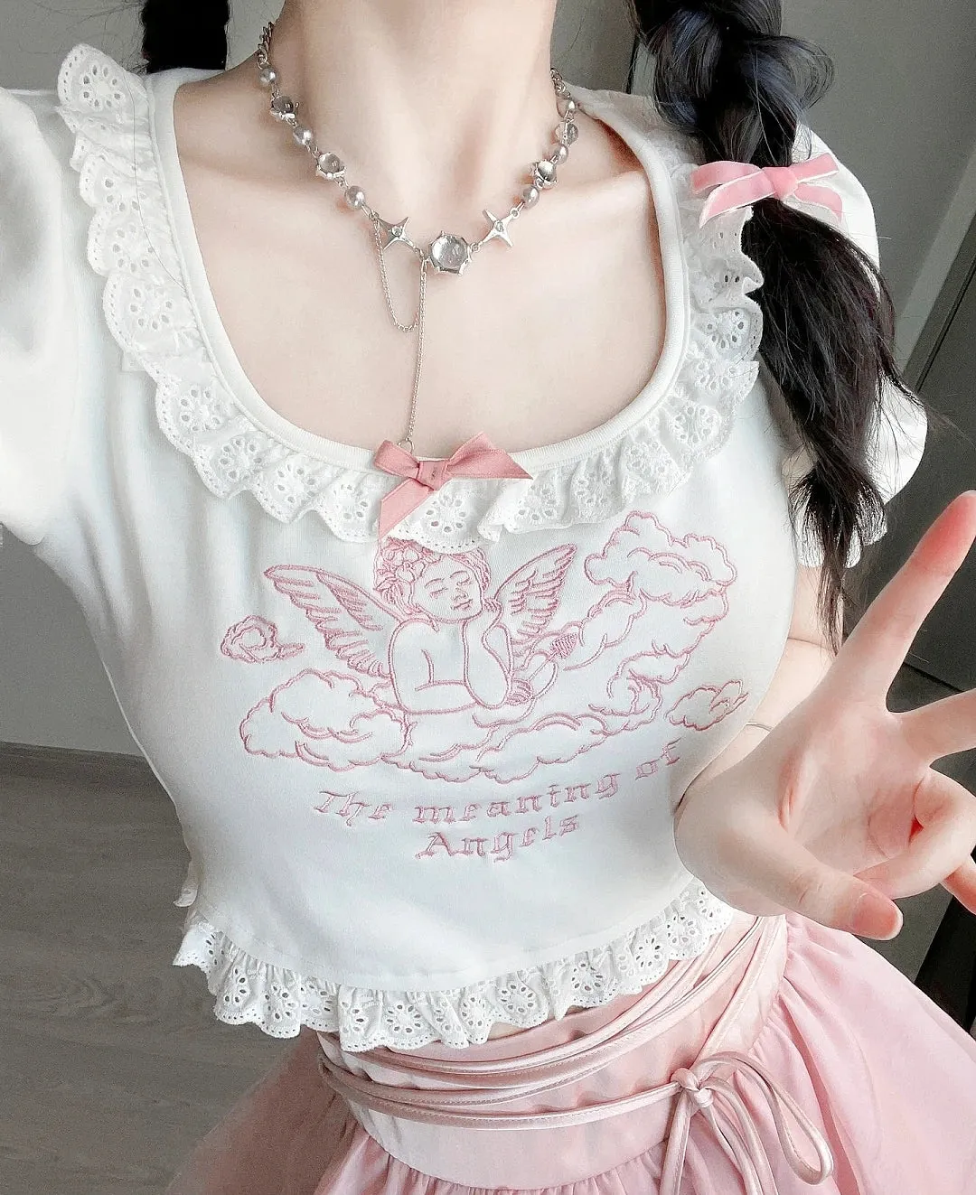 Angel sweet lace T-shirt   tutu skirt PL53362