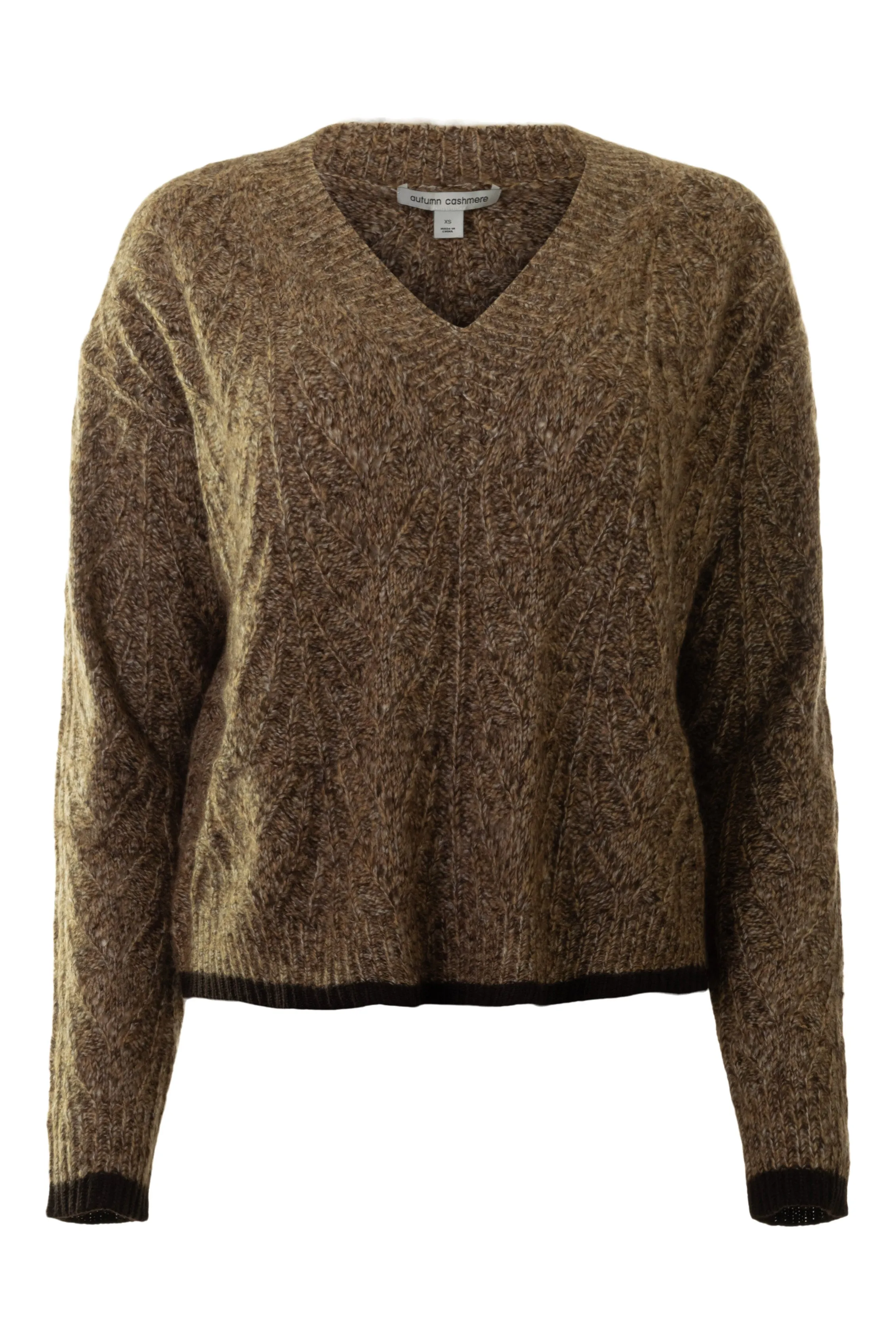 Autumn Cashmere Boxy Shell Stitch Tipped V-neck Sweater in Brownstone Combo