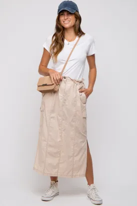 Beige Cargo Cinched Midi Skirt