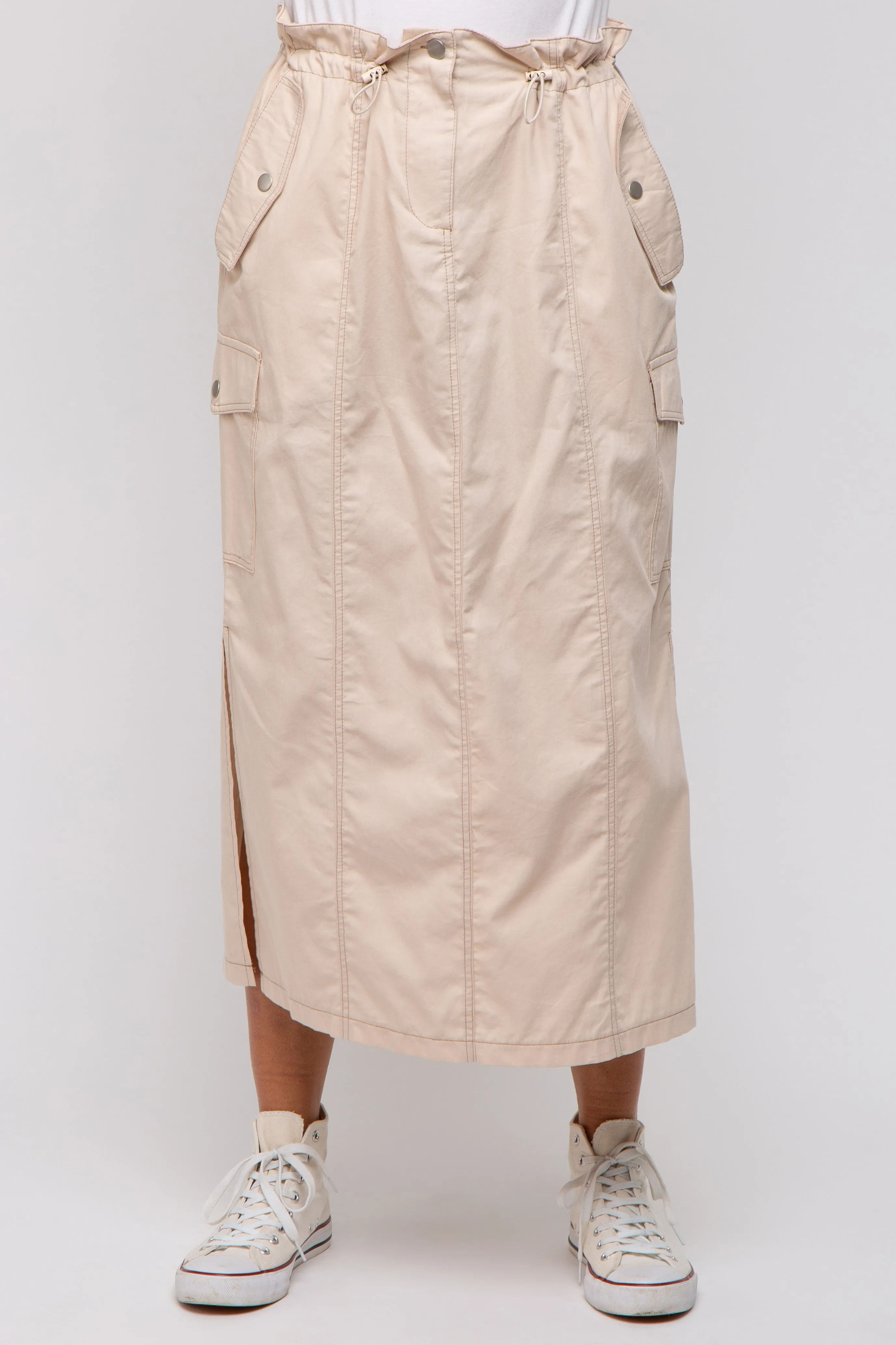 Beige Cargo Cinched Midi Skirt