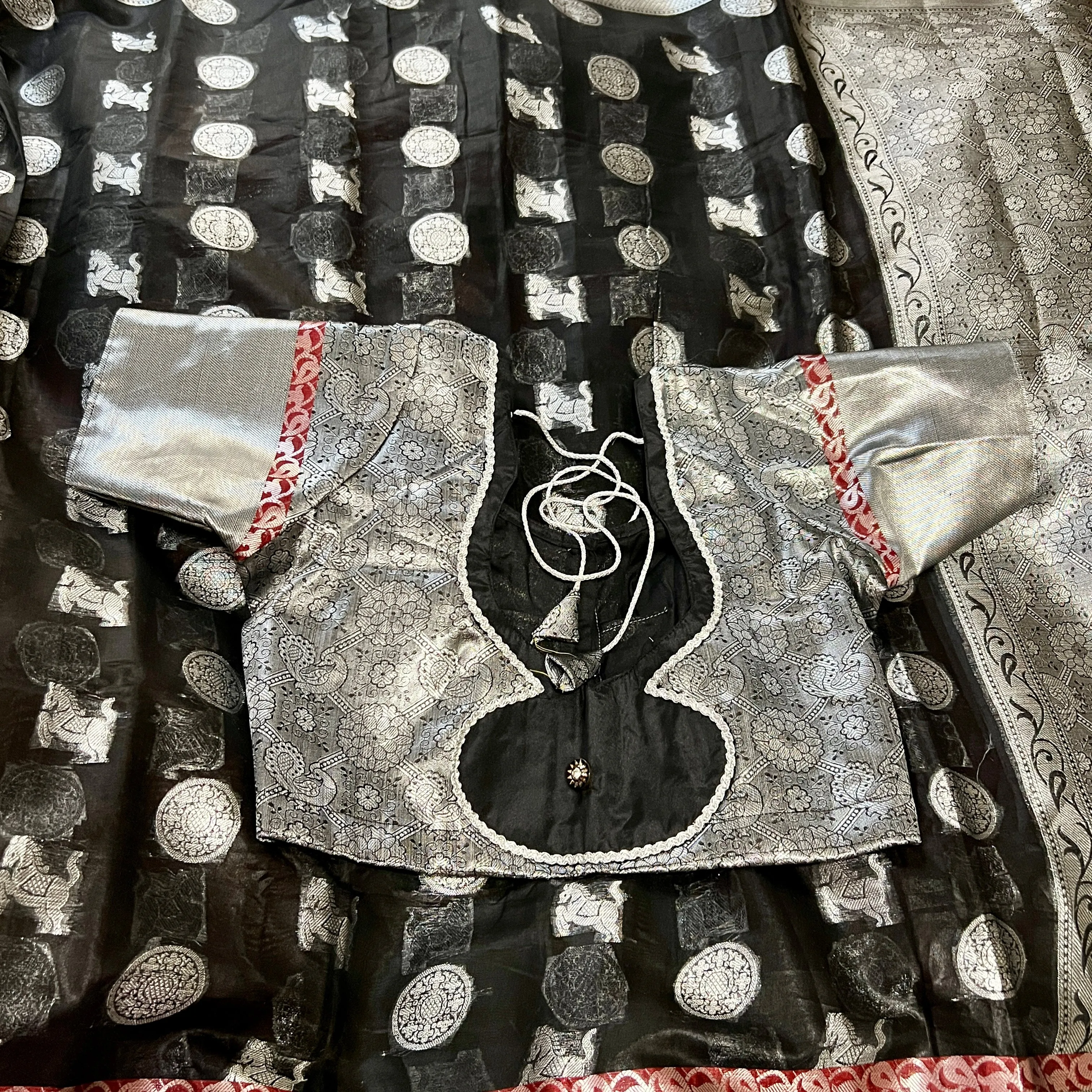 Black & Silver Soft Cotton Silk Saree with Stitched blouse