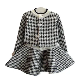 Black Houndstooth 2 pcs Cardigan & skirt Winterwear set for Girls