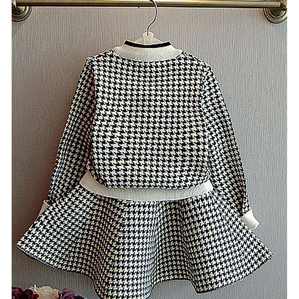 Black Houndstooth 2 pcs Cardigan & skirt Winterwear set for Girls