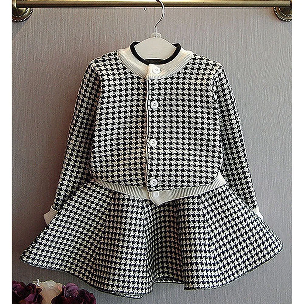 Black Houndstooth 2 pcs Cardigan & skirt Winterwear set for Girls