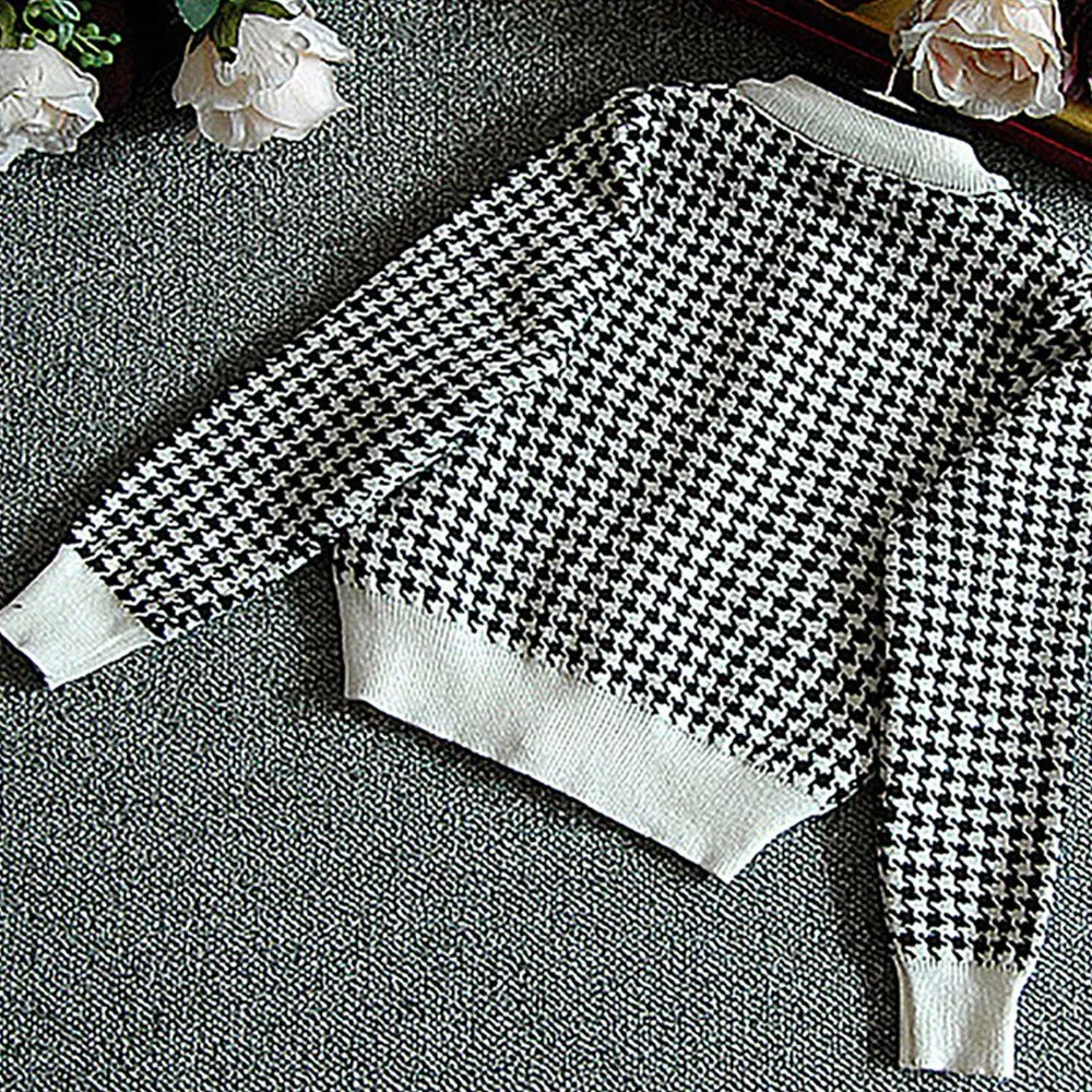 Black Houndstooth 2 pcs Cardigan & skirt Winterwear set for Girls