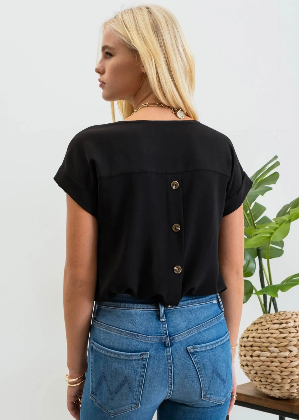 Black Split Neck Button Back Top