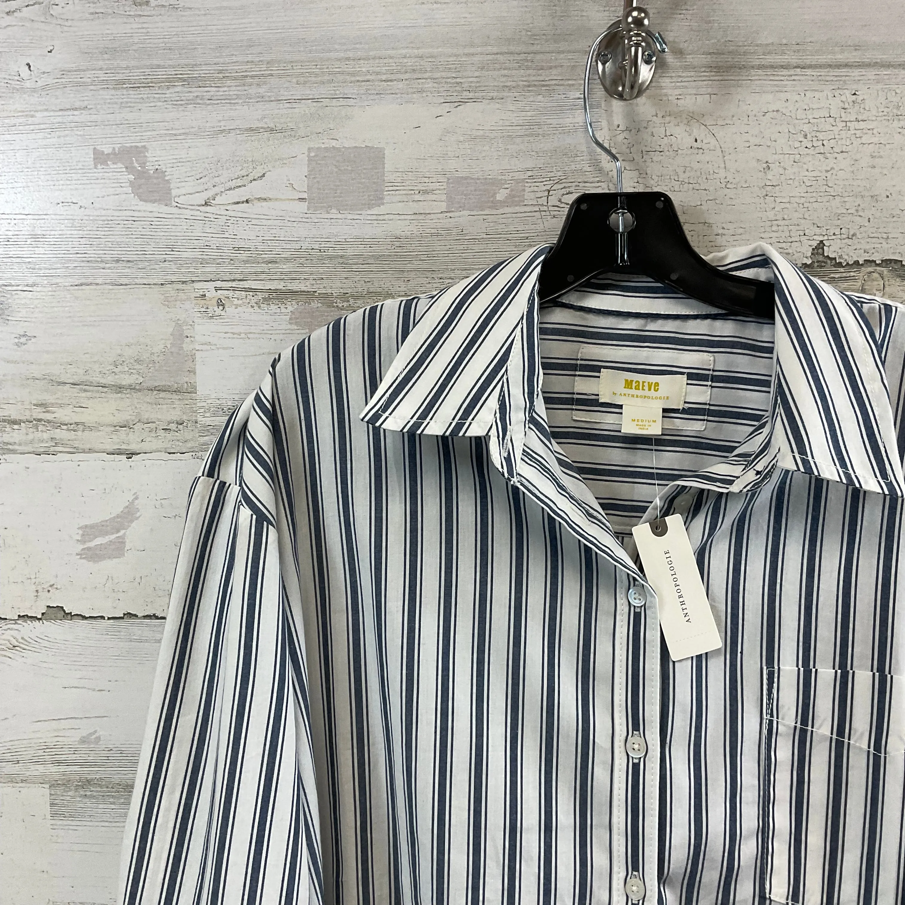 Blouse Long Sleeve By Maeve In Blue & White, Size: M