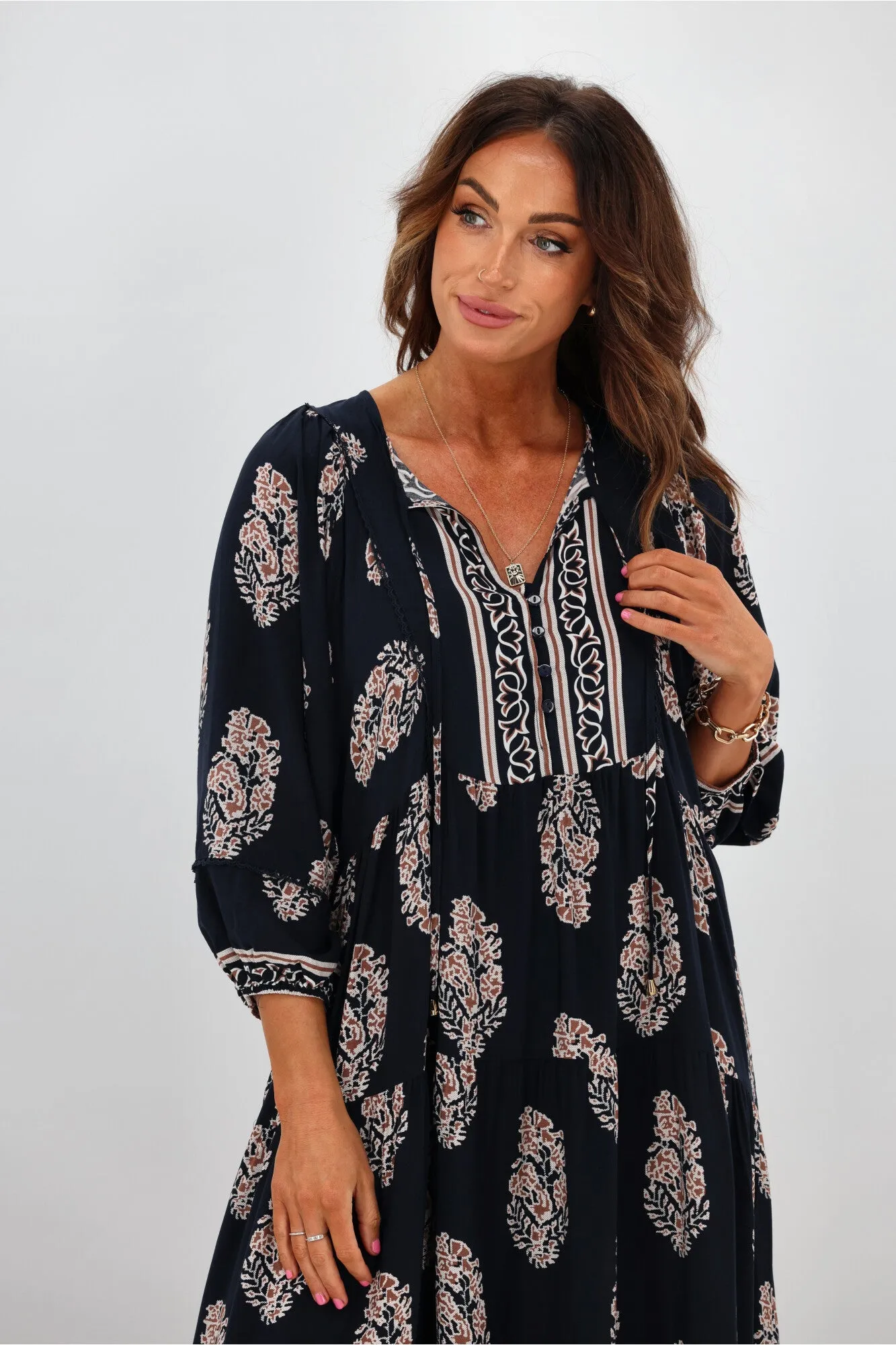 Boho Australia Maisha Dress Navy Brown Print