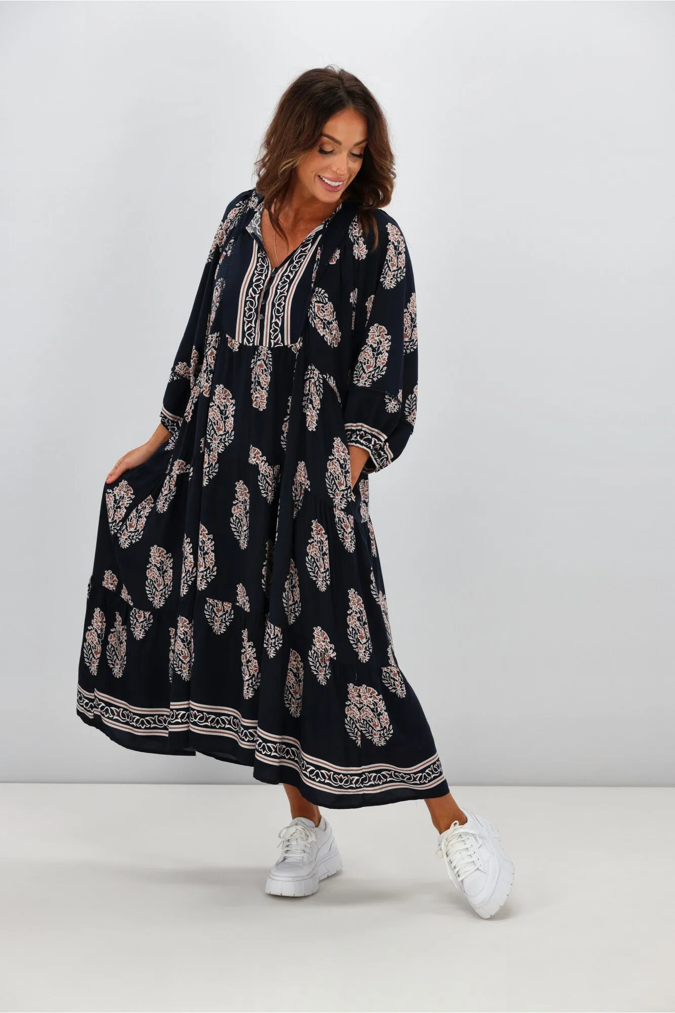 Boho Australia Maisha Dress Navy Brown Print