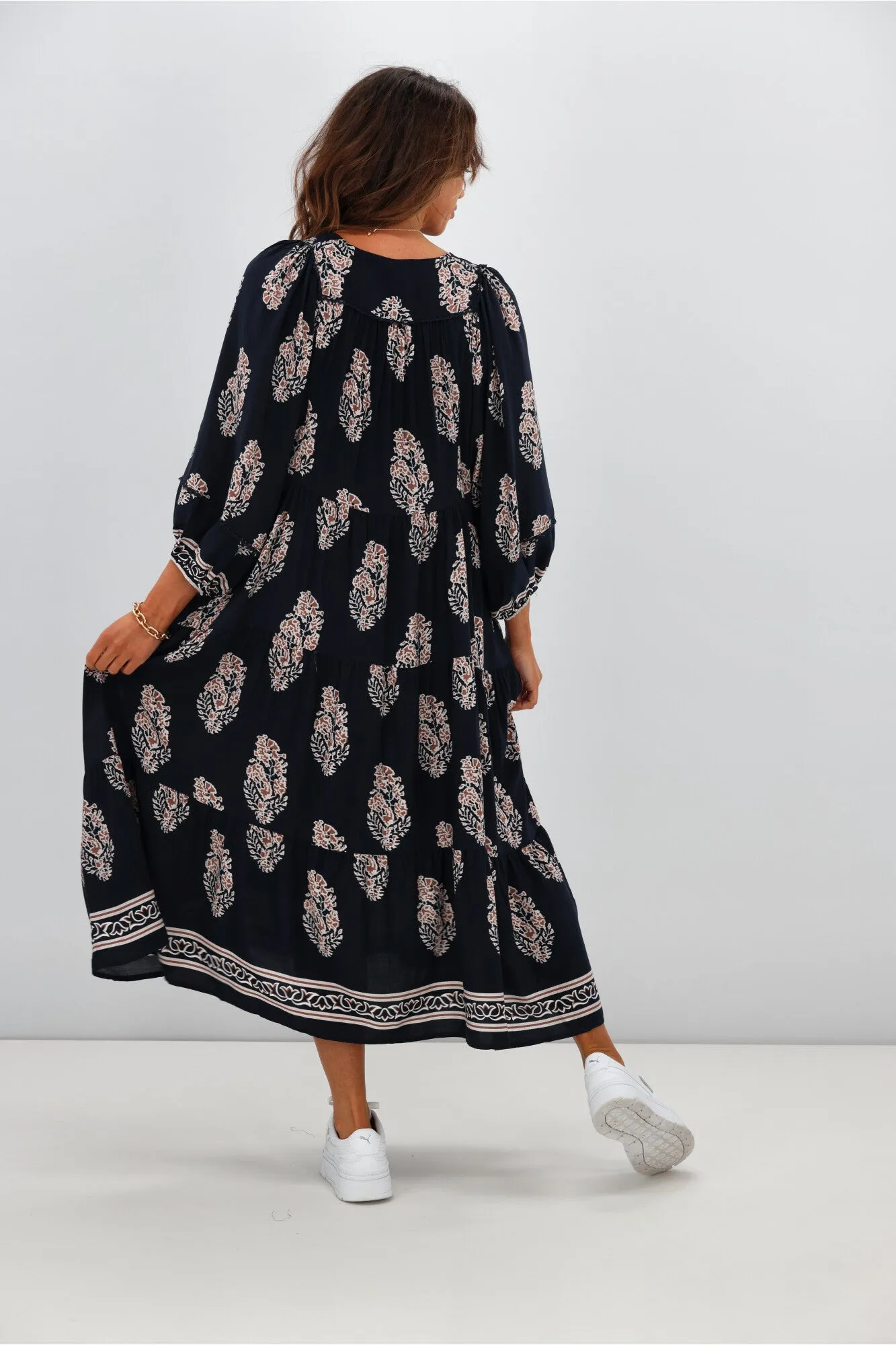 Boho Australia Maisha Dress Navy Brown Print