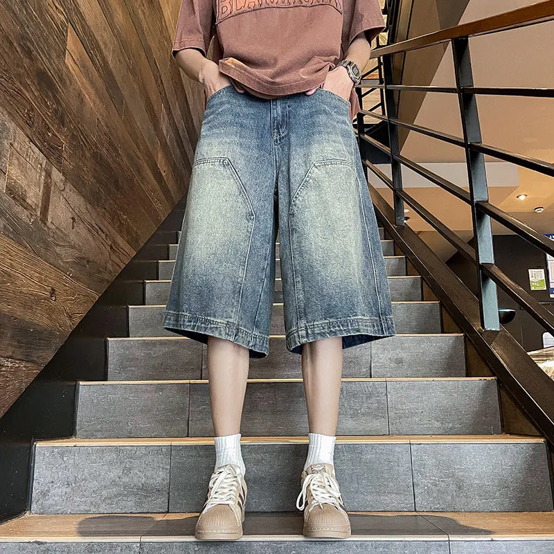 Bonsir 90s streetwear American Retro Workwear Denim Shorts Men's Summer Versatile High Street Vibe Loose Washed Wide-Leg Shorts