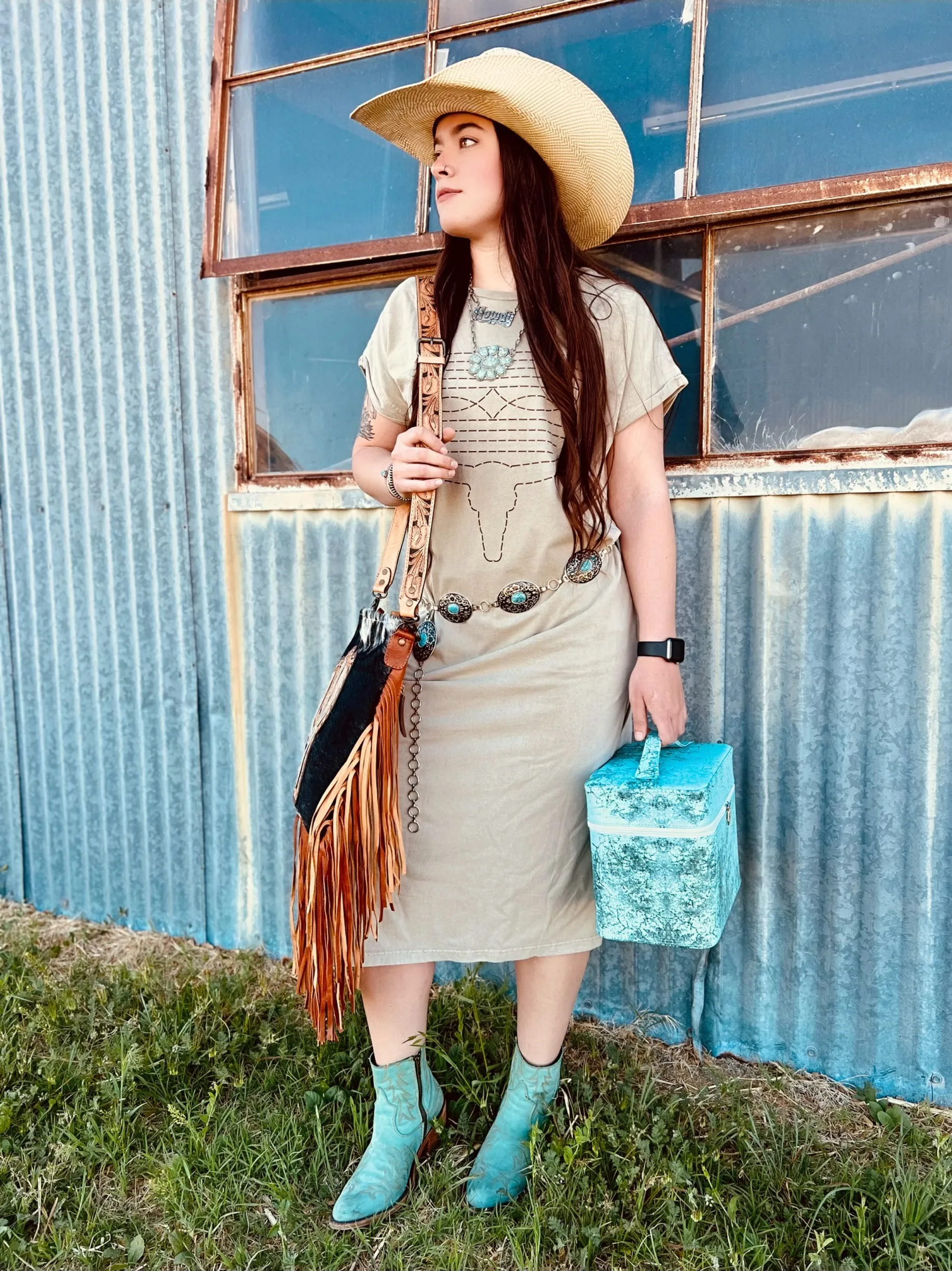 Boot Stitch T-shirt Slit to the Hip Tan Dress