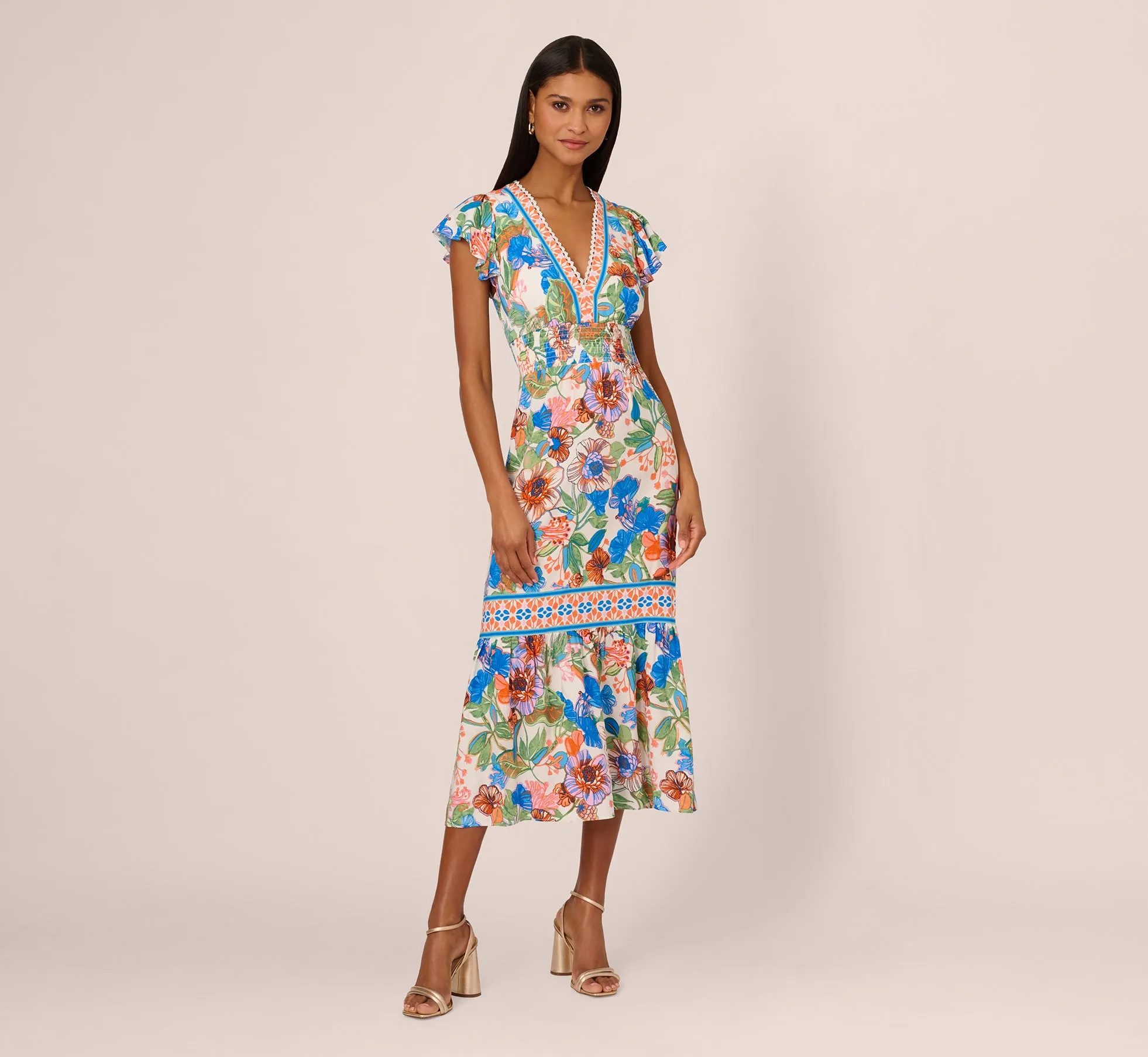 Bright Floral Print Midi Dress With Flutter Sleeves In Blue-Green Multi