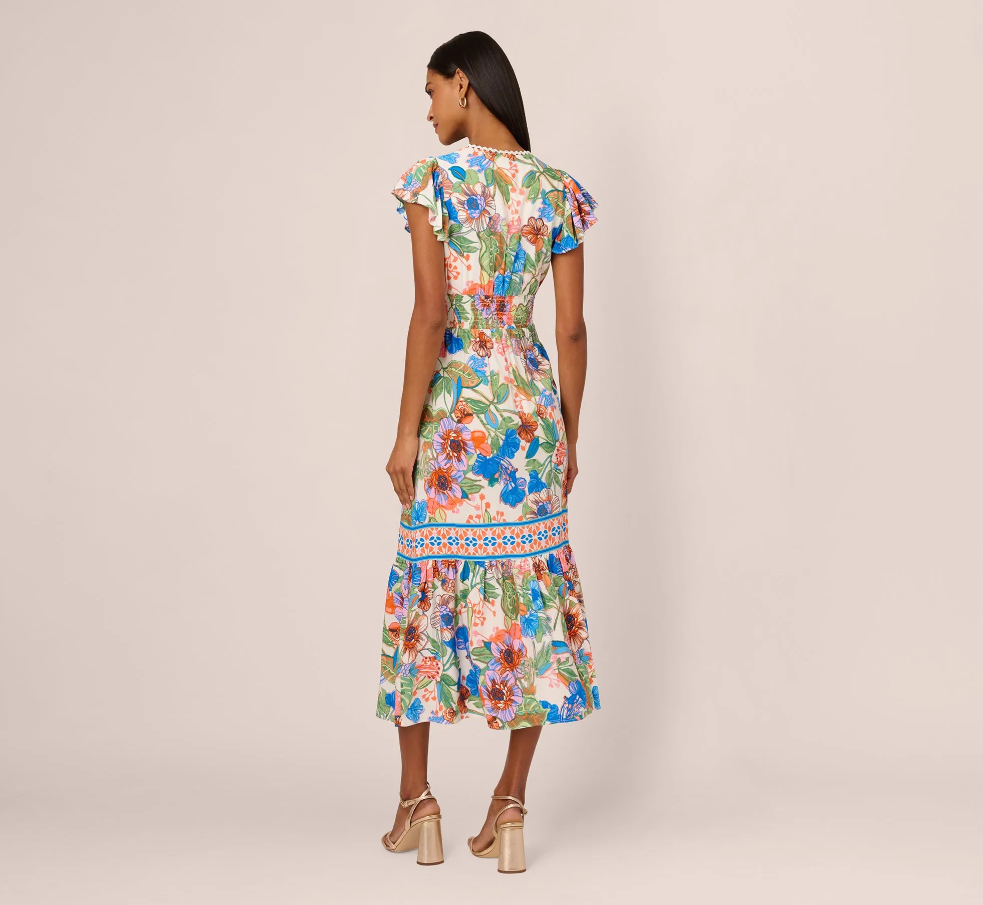 Bright Floral Print Midi Dress With Flutter Sleeves In Blue-Green Multi