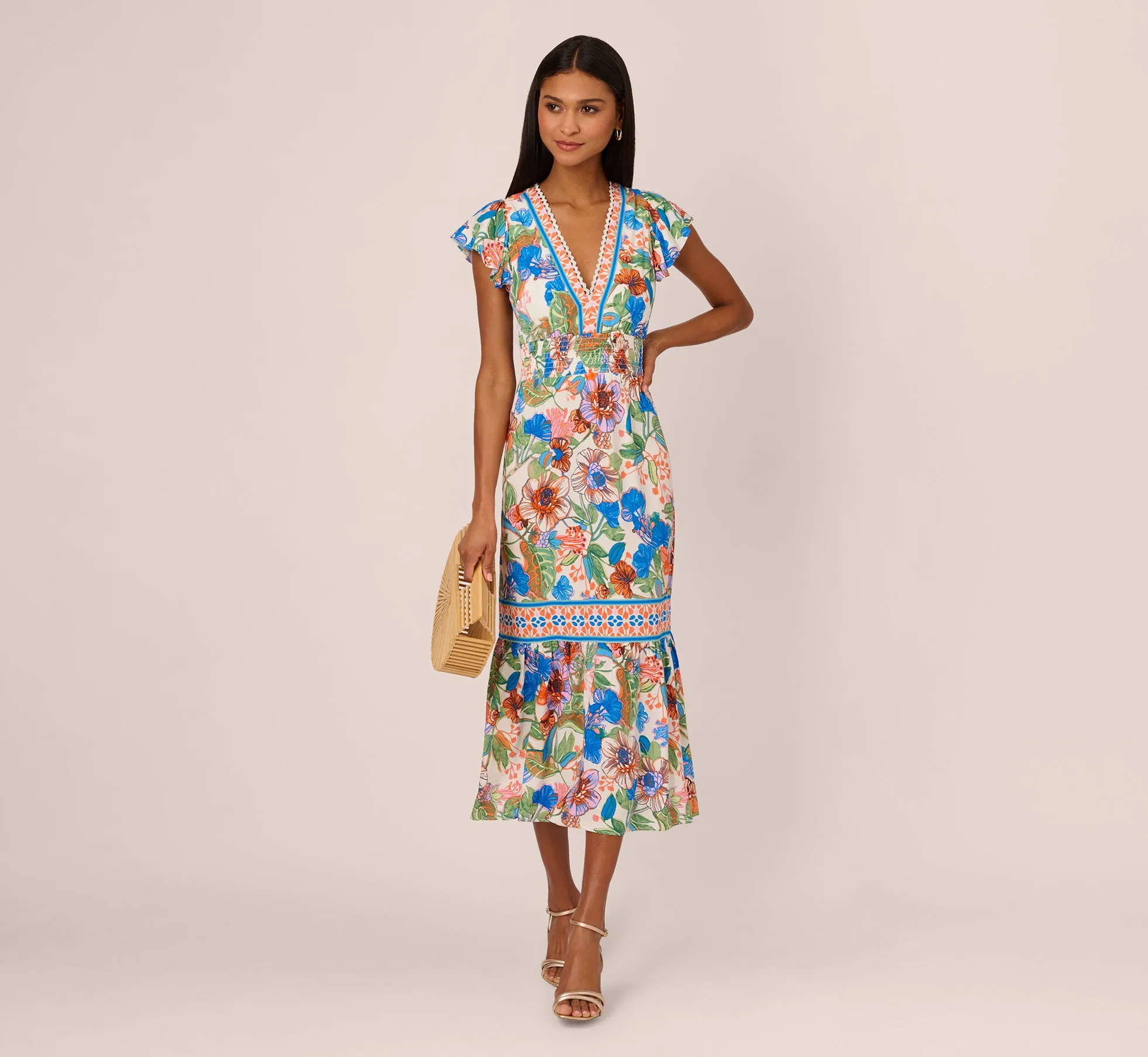 Bright Floral Print Midi Dress With Flutter Sleeves In Blue-Green Multi