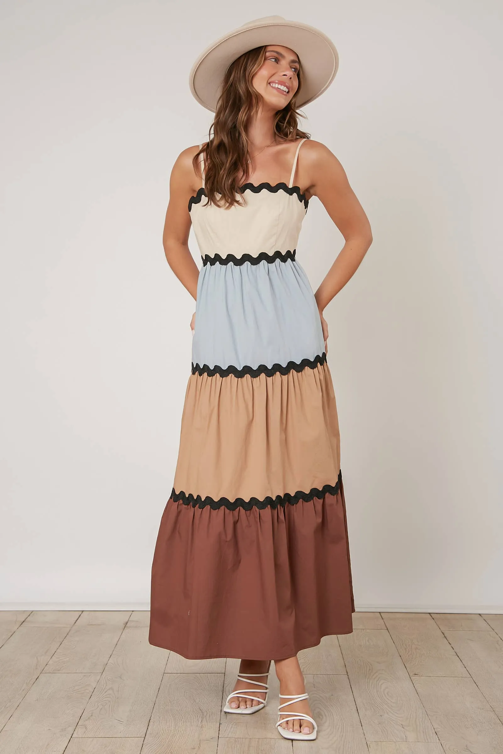 BROWN AND BABY BLUE COLOR BLOCKED TIERED MAXI DRESS