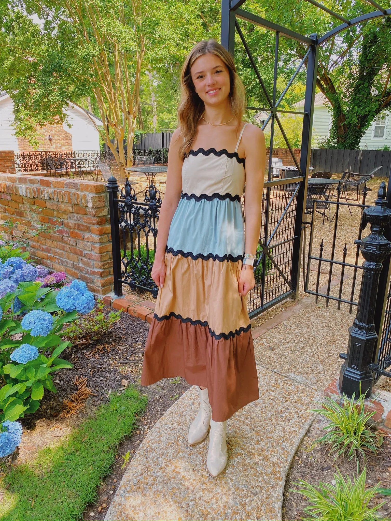 BROWN AND BABY BLUE COLOR BLOCKED TIERED MAXI DRESS