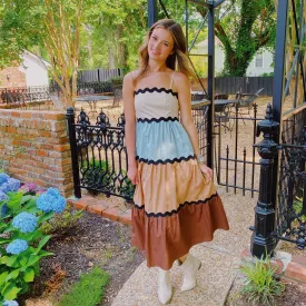 BROWN AND BABY BLUE COLOR BLOCKED TIERED MAXI DRESS