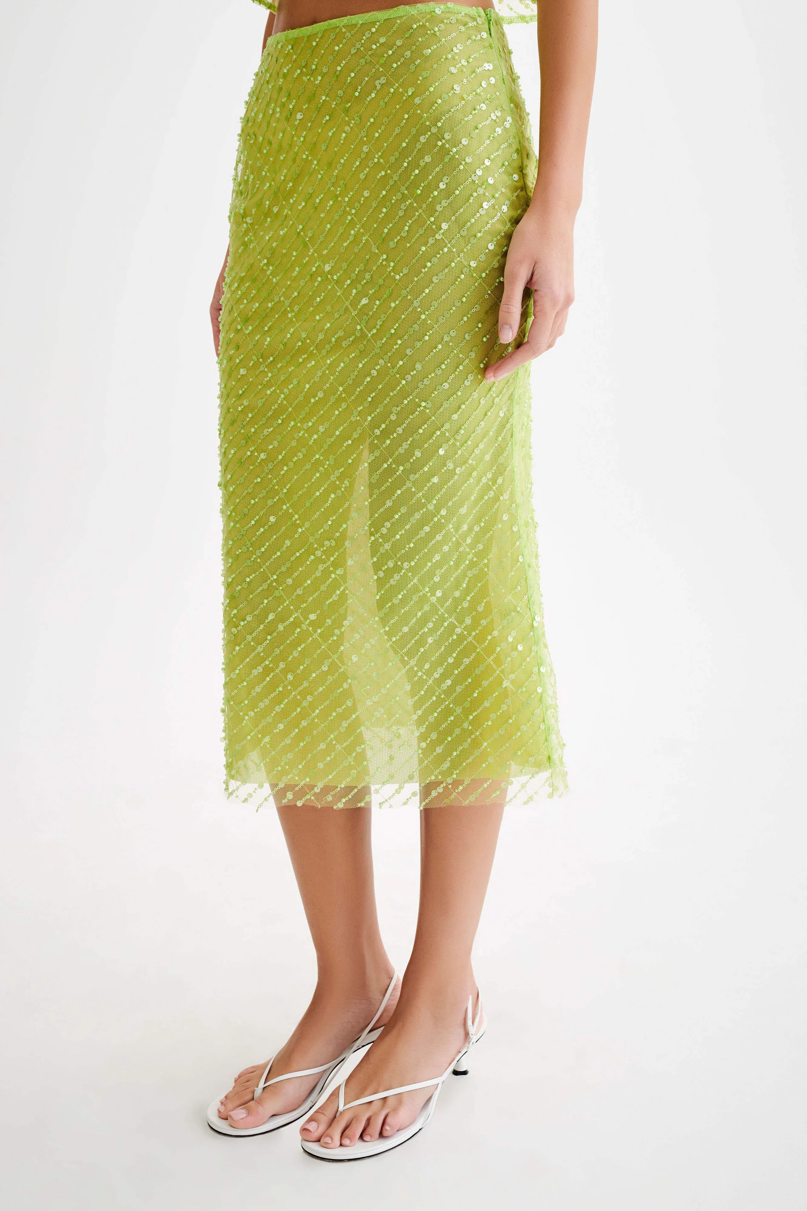 Brynne Sequin Midi Skirt - Parakeet Green