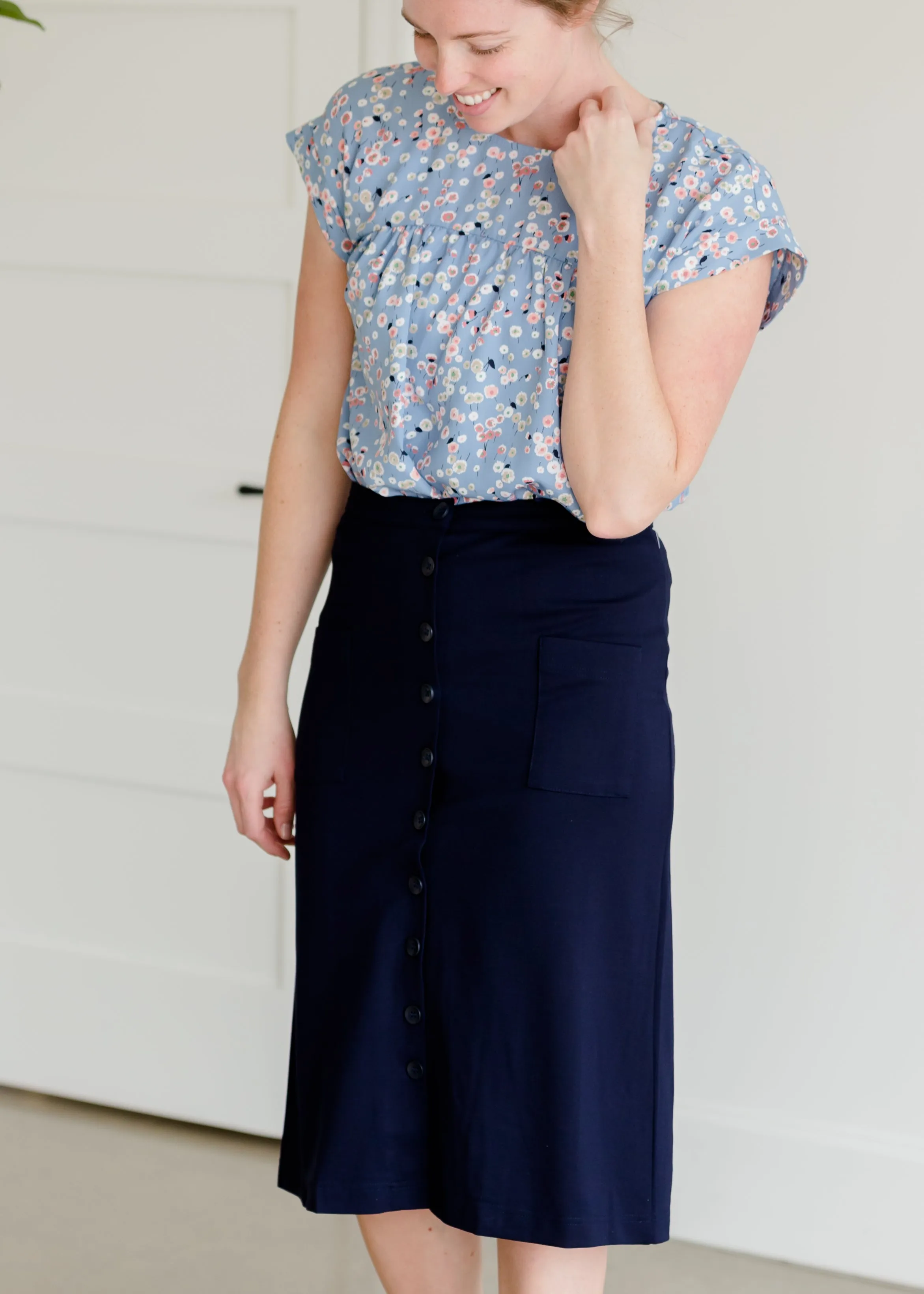 Button Detail Navy Midi Skirt - FINAL SALE