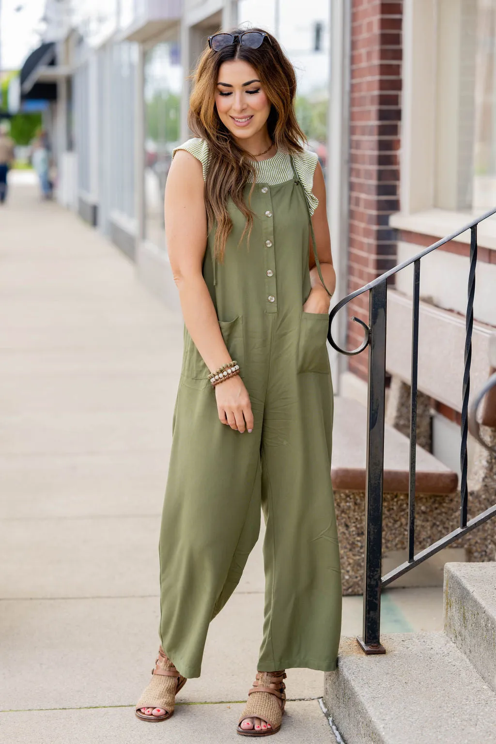 Button Front Tie Strap Jumpsuit