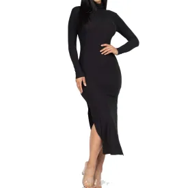 Capella Women's Ribbed Turtle Neck Side Slit Maxi Dress - Black