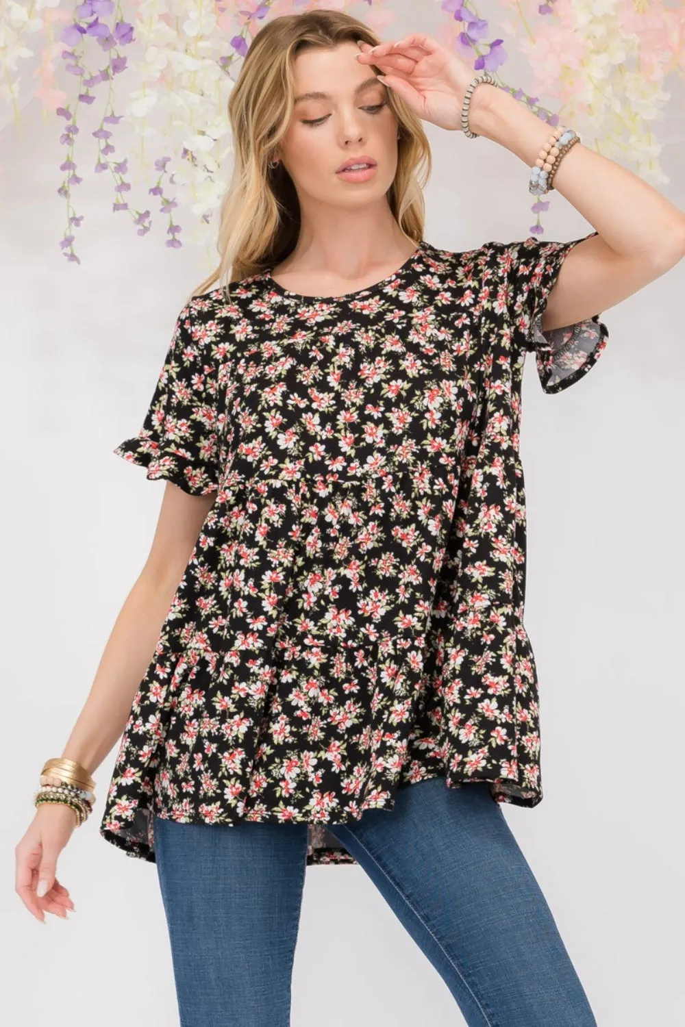 Celeste Full Size Floral Ruffled Short Sleeve Blouse