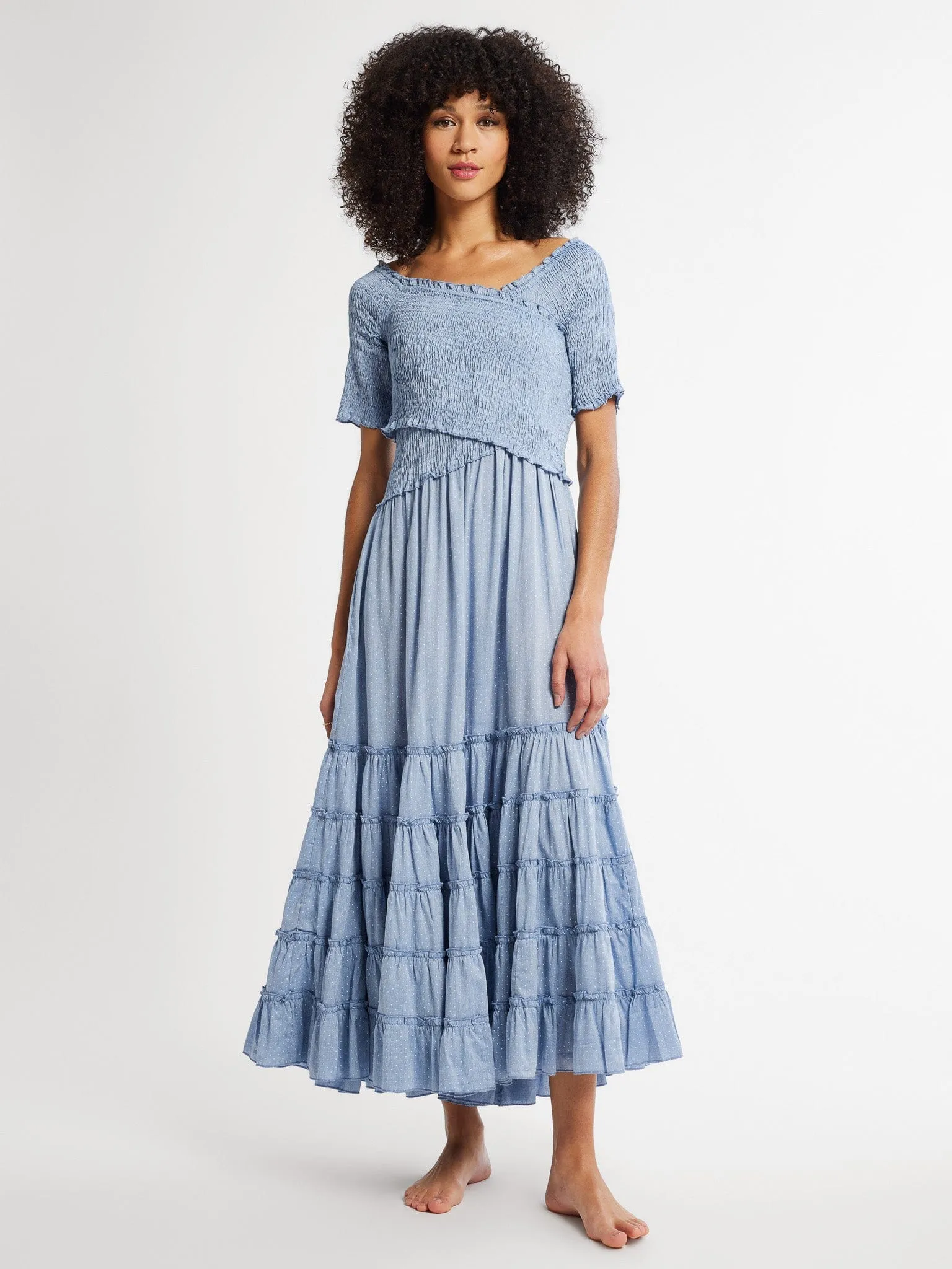 Celia Dress in Chambray Polka Dot