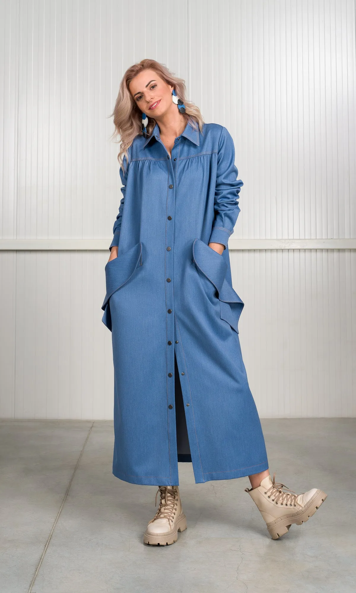 Chambray Shirt Dress with Flap Pockets