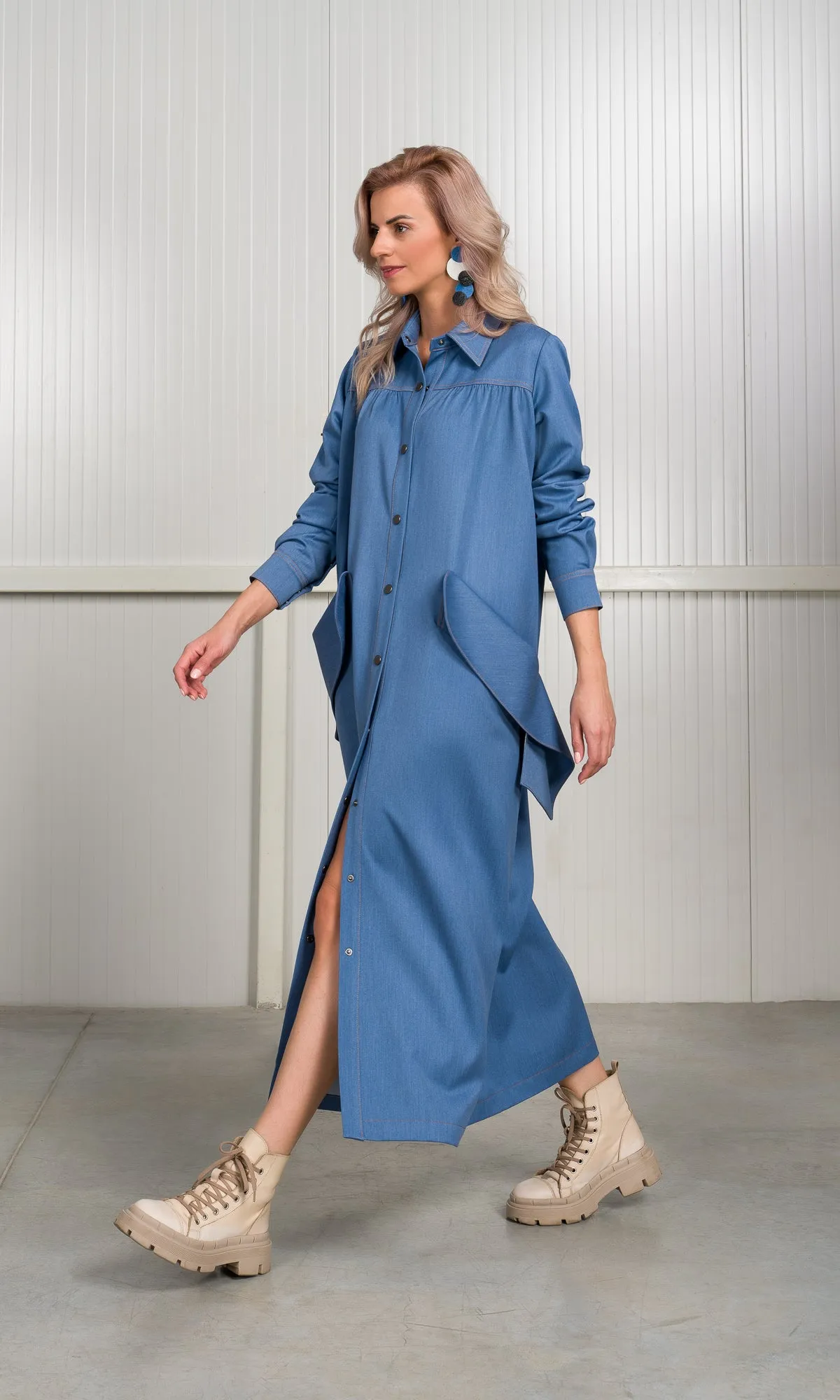 Chambray Shirt Dress with Flap Pockets