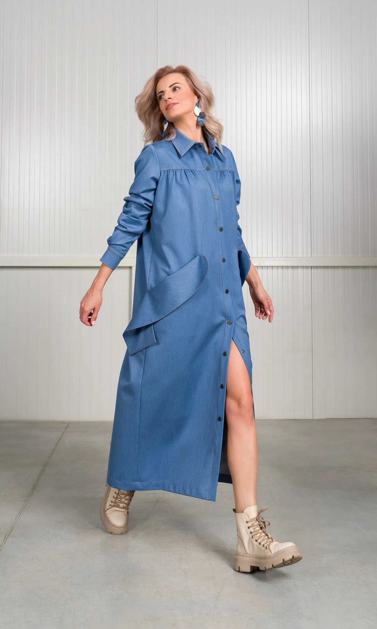 Chambray Shirt Dress with Flap Pockets