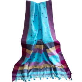 Cotton Linen handloom saree with pompom - Light Blue