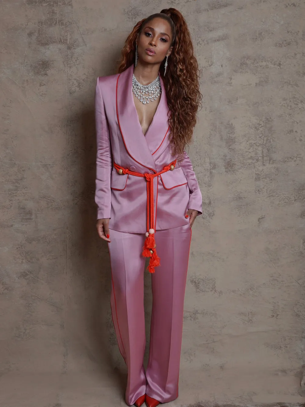 Luxurious Double-Breasted Pink Satin Blazer and Pants Set by DALIDA