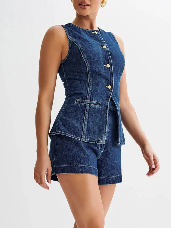 Denim Button Up Top & Shorts Set