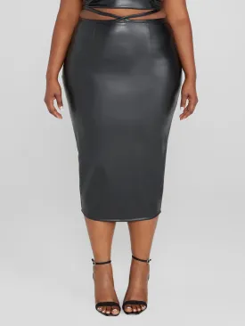 Denisse Faux Leather Waist Strap Midi Skirt