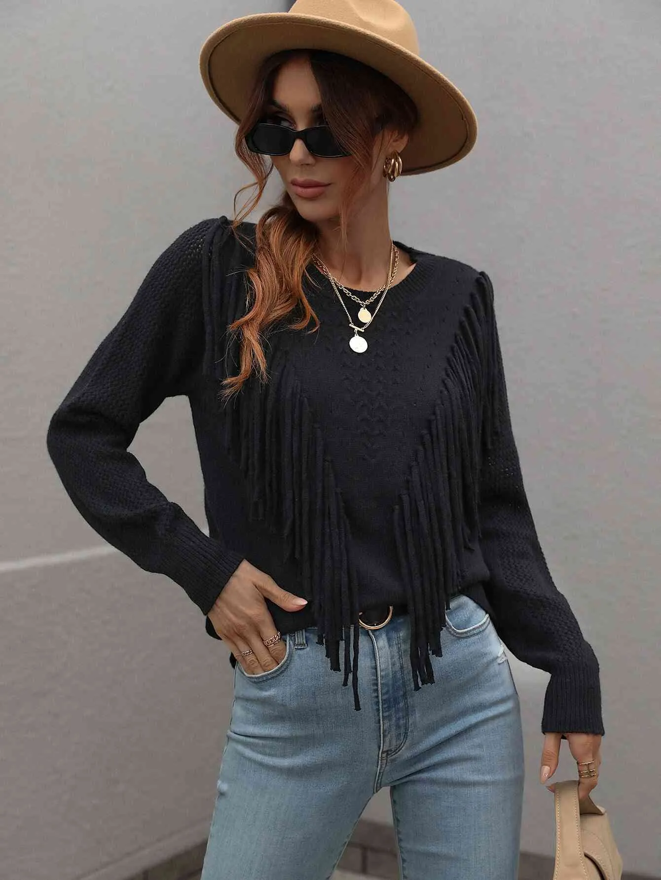 Double Take Fringe Detail Ribbed Trim Sweater