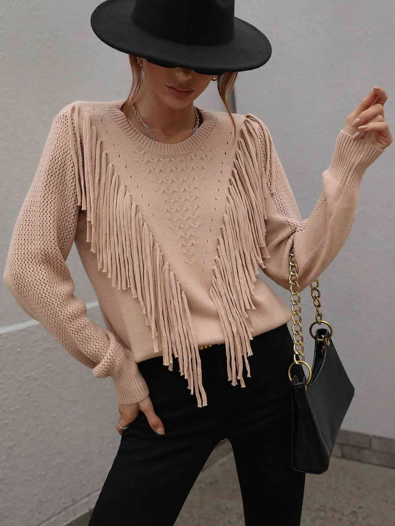 Double Take Fringe Detail Ribbed Trim Sweater