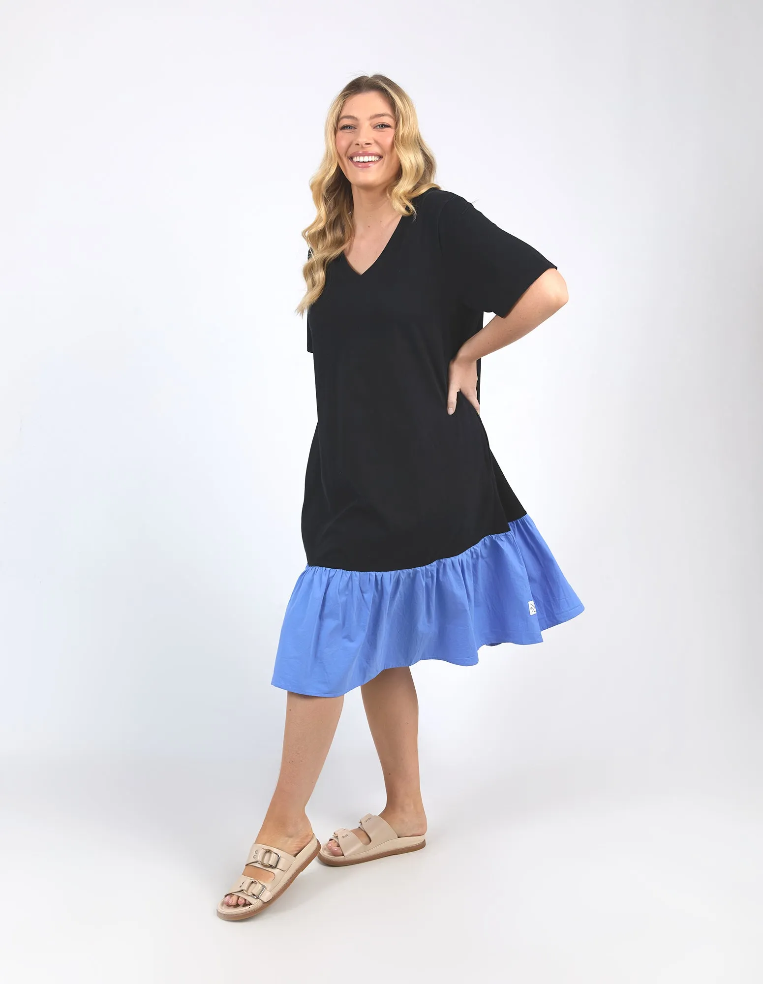 Elle Womens V-Neck Dress in Black and Cerulean Blue – Elegant Summer Style