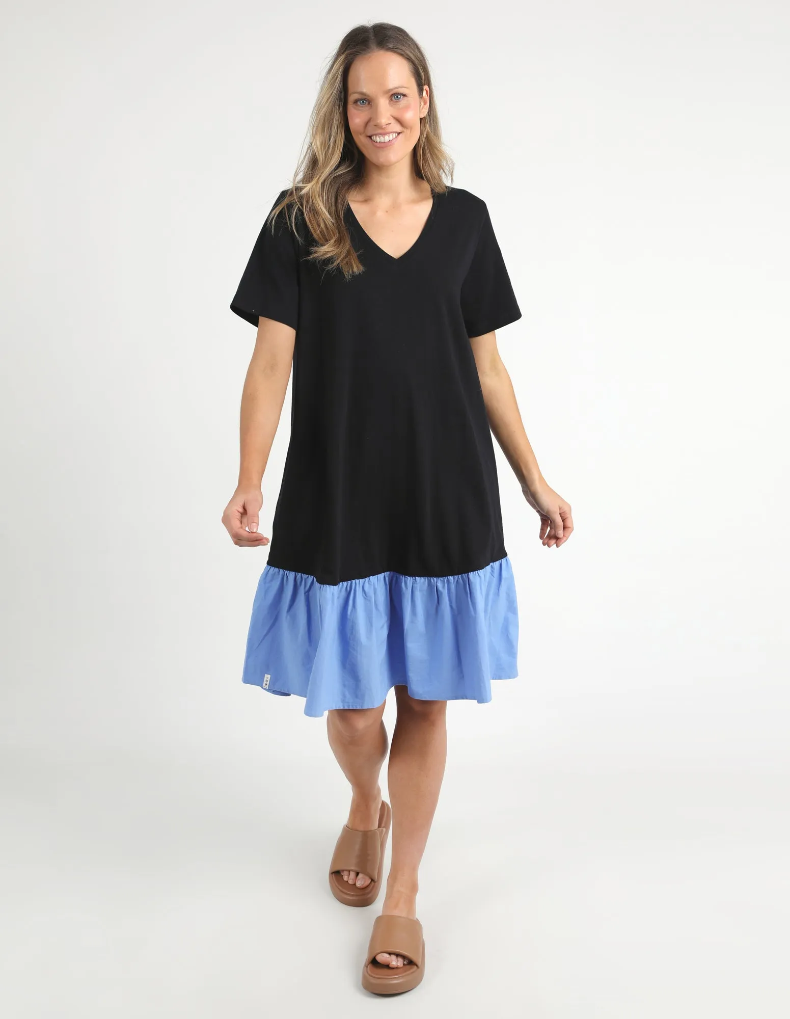 Elle Womens V-Neck Dress in Black and Cerulean Blue – Elegant Summer Style