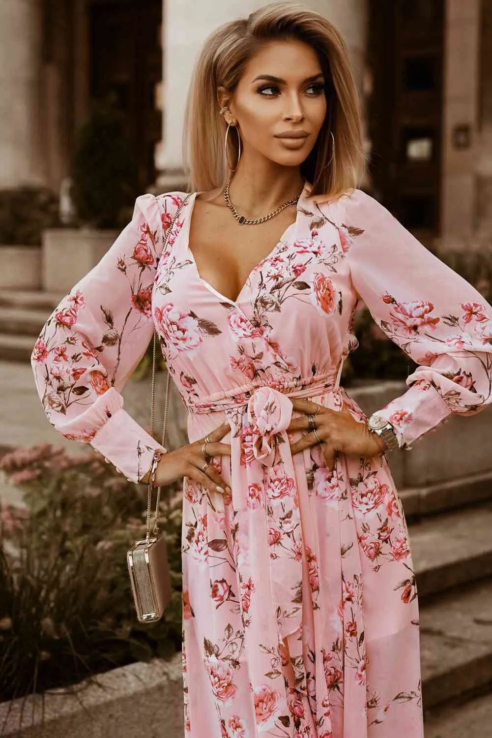 Floral Tie Belt Bishop Sleeve Slit Maxi Dress