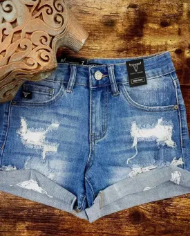 Girls Mid Wash Denim Shorts with Lace Patch