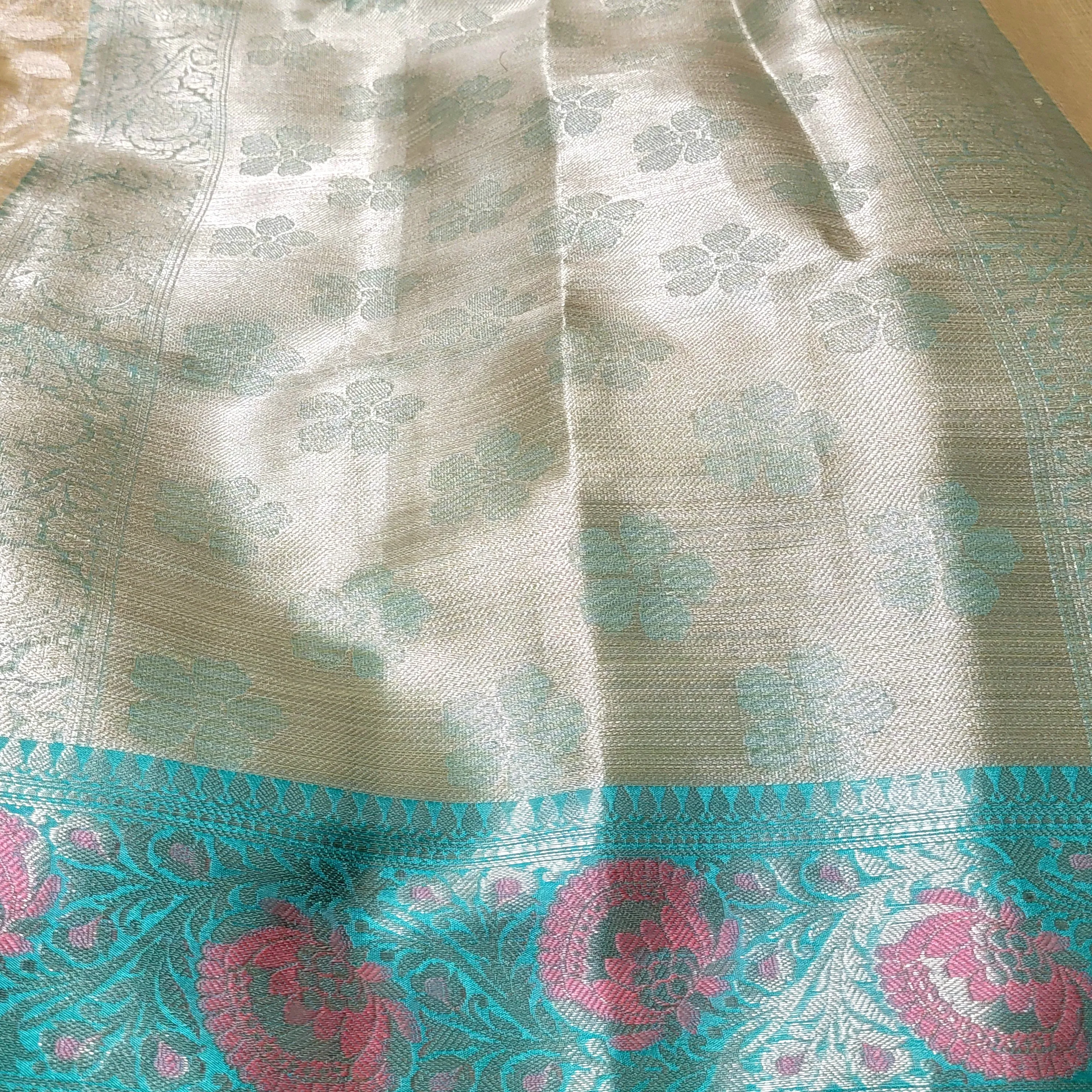 Golden Pink & Mint Green Banarasi Kota Silk Saree With Stitched Blouse