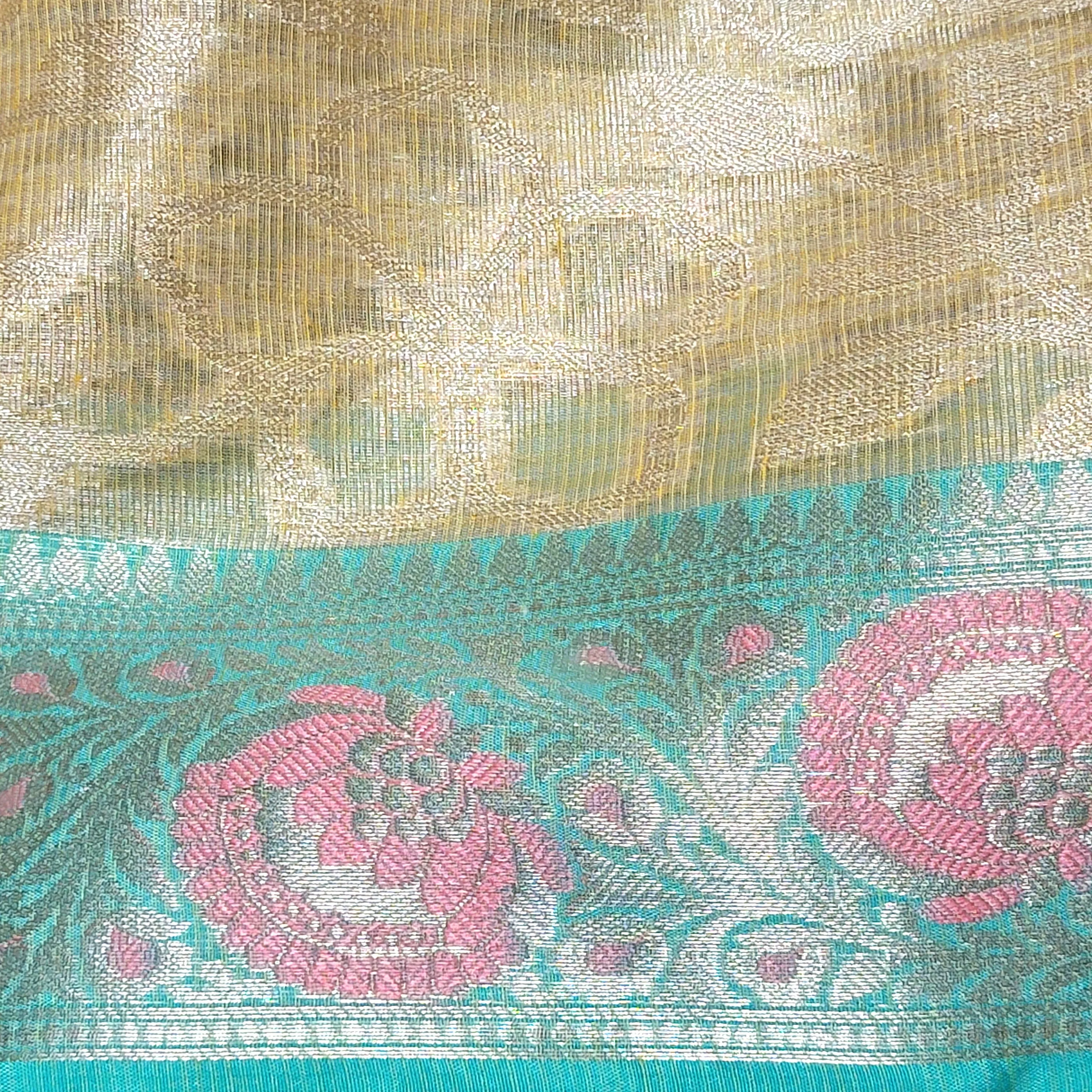 Golden Pink & Mint Green Banarasi Kota Silk Saree With Stitched Blouse