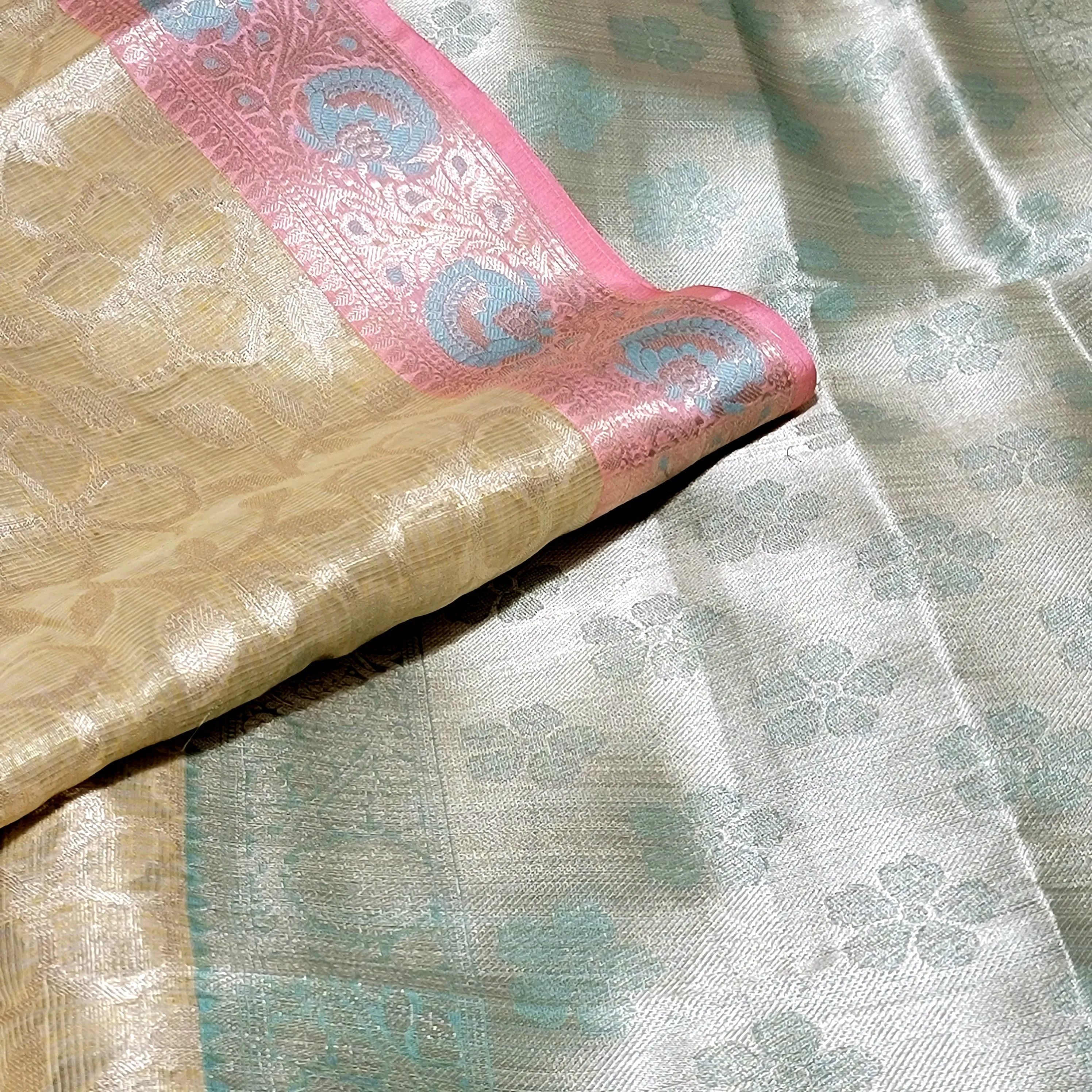 Golden Pink & Mint Green Banarasi Kota Silk Saree With Stitched Blouse